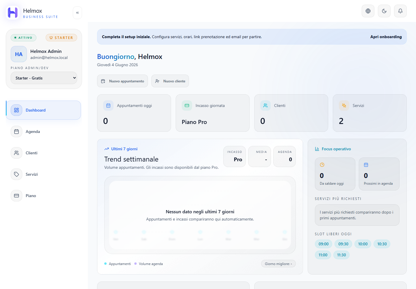 Dashboard Helmox usata per gestire clienti e appuntamenti